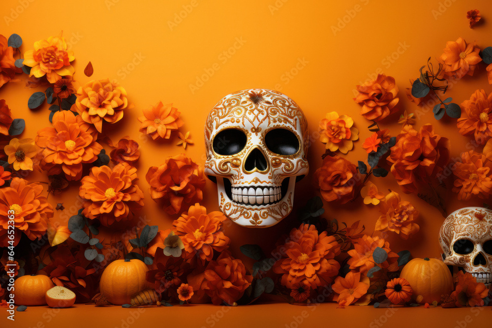 Offering of Colorful Skulls with Flowers at the Festival of Life and Death in the Celebration of the dia de los muertos in Mexico,frame, copy space Offering of Colorful Skulls with Flowers at the Festival of Life and Death in the Celebration of the dia de los muertos in Mexico,frame, copy space