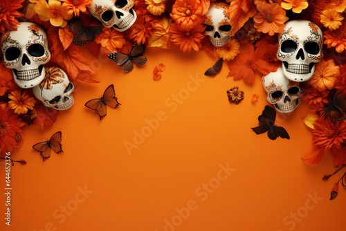 Skulls Adorned with Flowers and Butterflies on an Orange Background in the Celebration of the día de los muertos, frame, copy space
