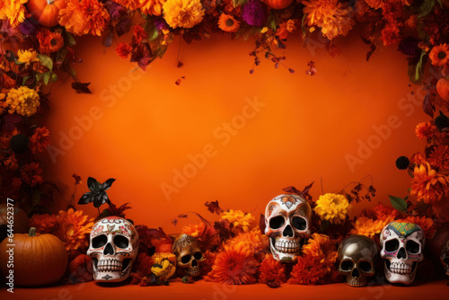 Skulls, Flowers, and Butterflies: The Essential Elements of the Day of the Dead, frame, copy space photo