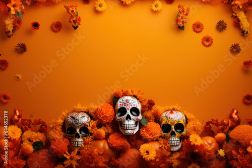 Offering of Skulls on the dia de los muertos in a World of Butterflies, frame, copy space