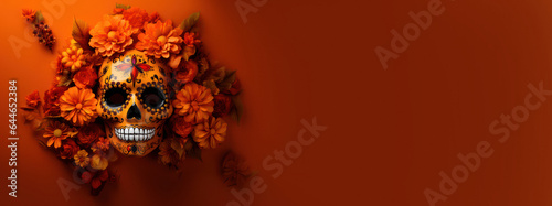 Skull and flower banner, the celebration of the dia de los muertos, frame,copy space