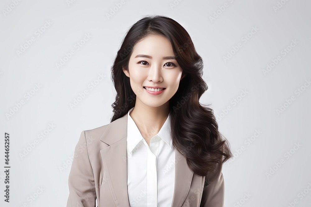 smiling friendly and happy Japanese woman (female model) posing against a studio background smiling friendly and happy Japanese woman (female model) posing against a studio background