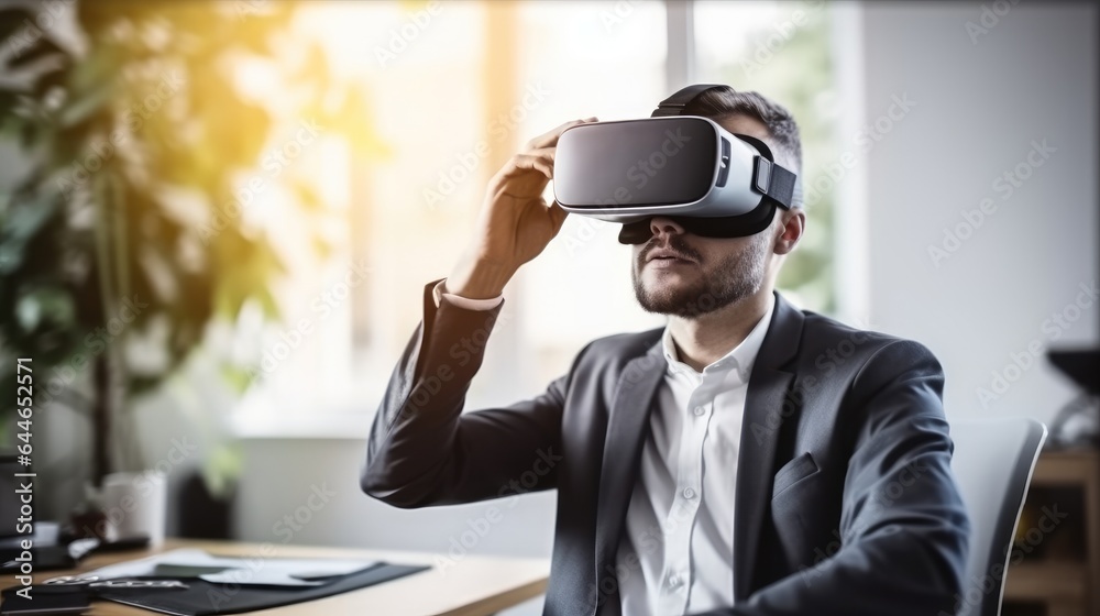 Businessman wearing virtual reality simulator at workplace.