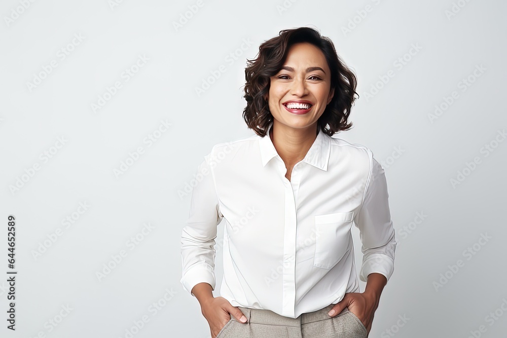 smiling friendly and happy chinese woman (female model) posing against a studio background smiling friendly and happy chinese woman (female model) posing against a studio background