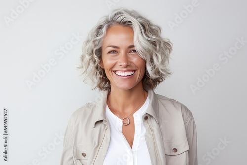 smiling friendly and happy older caucasian woman (female model) posing against a studio background