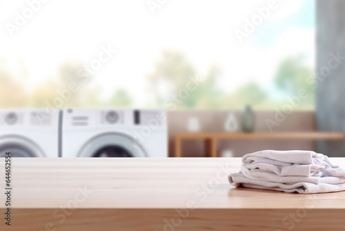 Empty wooden board over blurred laundry room washing machine background. towels and white bathroom