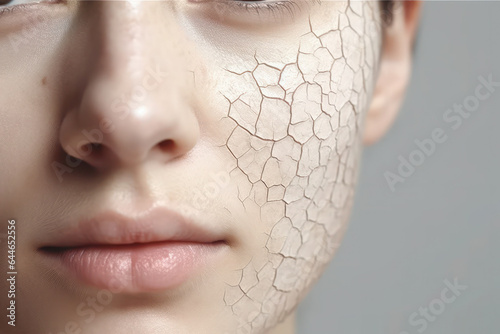 Woman with dry skin on face against. girl with cracks and dermatitis. personal care in cosmetology.