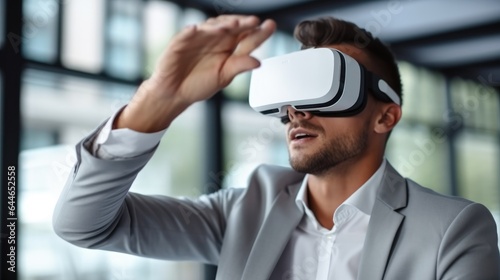 Businessman using virtual reality headset in the office, Virtual Reality Simulator and Gesturing. © visoot