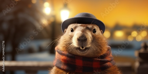 Furry groundhog wearing a hat and scarf ready to determine when winter 2024 will end