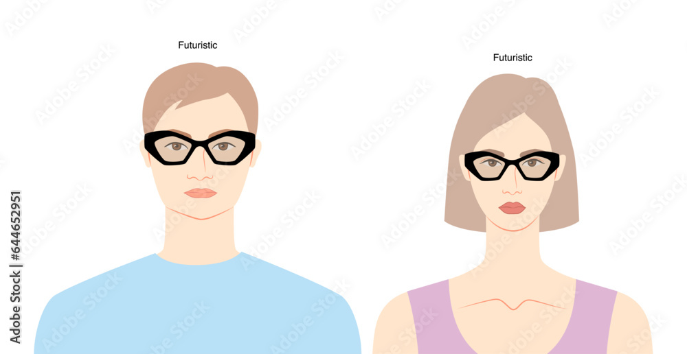 Futuristic frame glasses on women and men flat character fashion accessory illustration. Sunglass front view unisex silhouette style, rim eyeglasses, lens sketch outline isolated on white background Futuristic frame glasses on women and men flat character fashion accessory illustration. Sunglass front view unisex silhouette style, rim eyeglasses, lens sketch outline isolated on white background