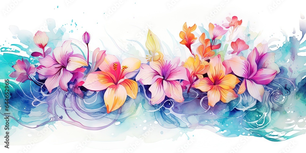 Exotic tropical flowers colorful watercolor with white background