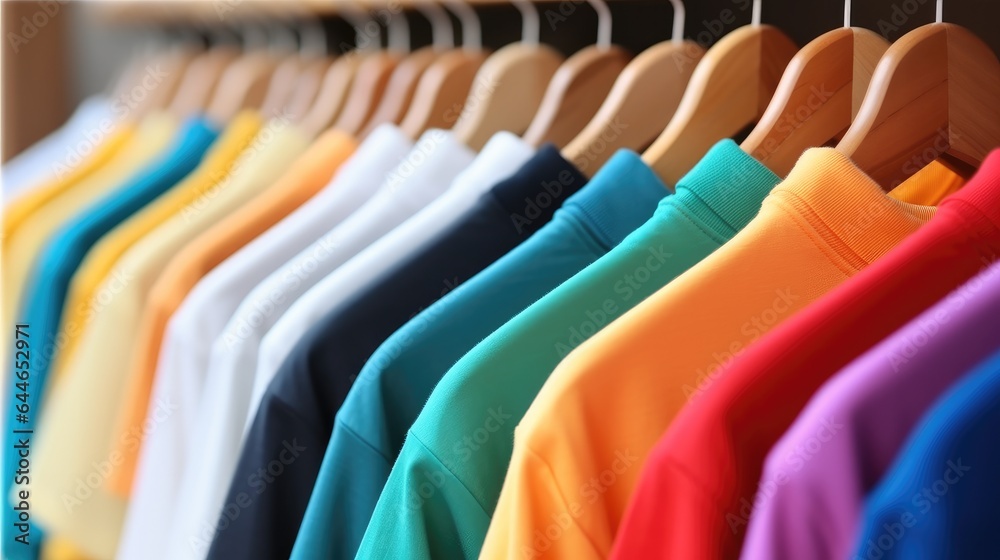Fototapeta premium Colorful t-shirts on hangers, Apparel cloth background.