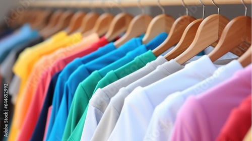 Multi-colored polo shirts hanging on a rack in a store.