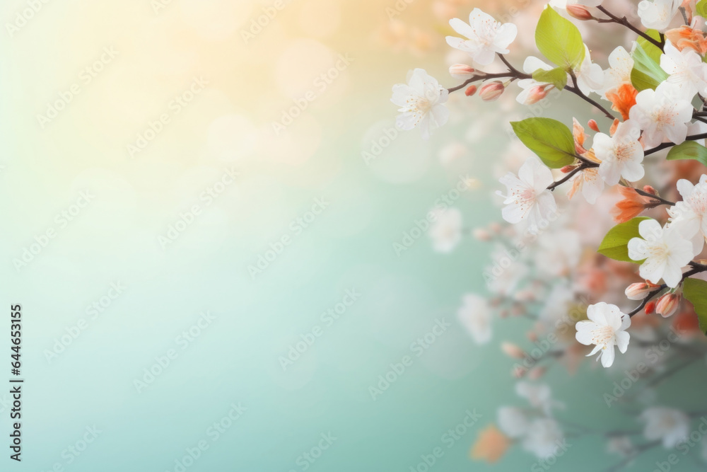A vibrant spring background with pastel colors. The gentle light streaming from the window casts intricate shadows of blooming flowers, creating a lively and refreshing mood for product