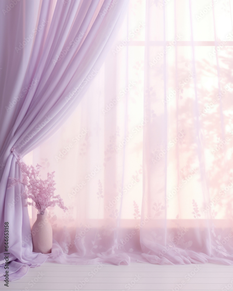 A dreamy and ethereal background with pastel pinks and purples. The gentle light filtering through the window creates intricate shadows of delicate lace curtains, exuding a romantic and