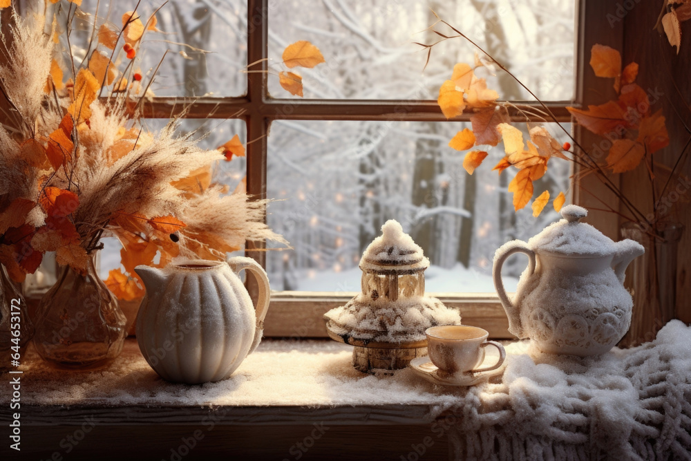A cozy autumn setting with a mix of fallen leaves and a light layer of snow covering the ground. The warm, golden light from the window casts intricate shadows on the products, highlighting A cozy autumn setting with a mix of fallen leaves and a light layer of snow covering the ground. The warm, golden light from the window casts intricate shadows on the products, highlighting