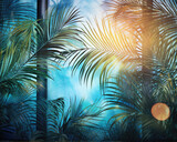 A luxurious summerthemed background with a mix of vibrant blues and greens. The sunlight dances through the window, casting intricate shadows of palm leaves, contributing to an exotic