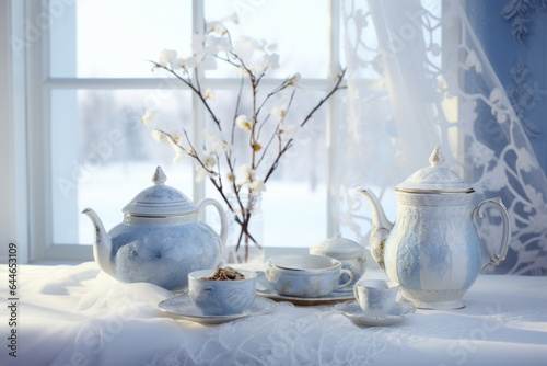 An ethereal winter morning in the countryside, where a soft, diffused light casts intricate patterns of frosty shadows on a backdrop of pale blue walls. The subdued palette of whites and