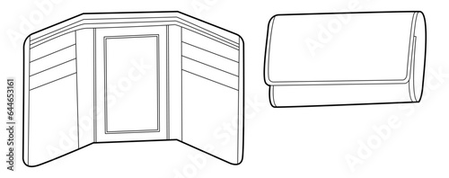 Trifold Wallet - close and open front view options pouch bags fashion accessory technical illustration. Organizer for Men, women, unisex silhouette style, flat handbag CAD sketch outline isolated
