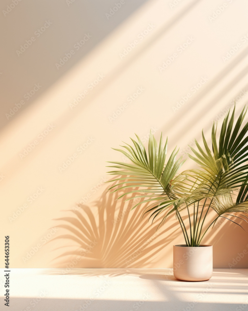 A soothing scene featuring a minimalistic background composed of a warm, sandy backdrop. Dimmed sunlight seeps through a window, casting intricate shadows of palm leaves, adding a touch A soothing scene featuring a minimalistic background composed of a warm, sandy backdrop. Dimmed sunlight seeps through a window, casting intricate shadows of palm leaves, adding a touch