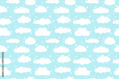 Seamless pattern with cloud, clouds on blue background. Vector illustration of weather elements for kids. Design for nursery, for sleep, for fabrics
