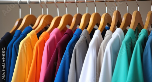 Colorful t-shirts on hangers, Apparel cloth background.