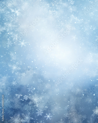 A mystical winterthemed background with a pale blue hue, evoking a frosty atmosphere. The light streams through a frostcovered window, casting intricate shadows of ice crystals on a surface