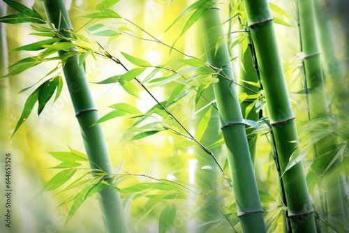 A vibrant and lively scene of a bamboo gentle light background with a burst of spring colors. Fresh green bamboo shoots are bathed in soft sunlight  casting intricate shadows through the