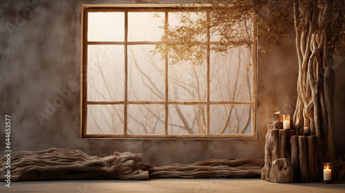 A rustic jungle setting with weathered wooden branches and textured tree trunks. The warm, golden light filtering through the window creates a cozy and intimate atmosphere, making it an © Justlight