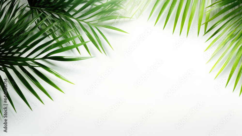 A vibrant and energetic summer background with the bright sunlight casting intricate shadows of palm tree leaves on a minimalistic white surface. The interplay of bold greens and whites