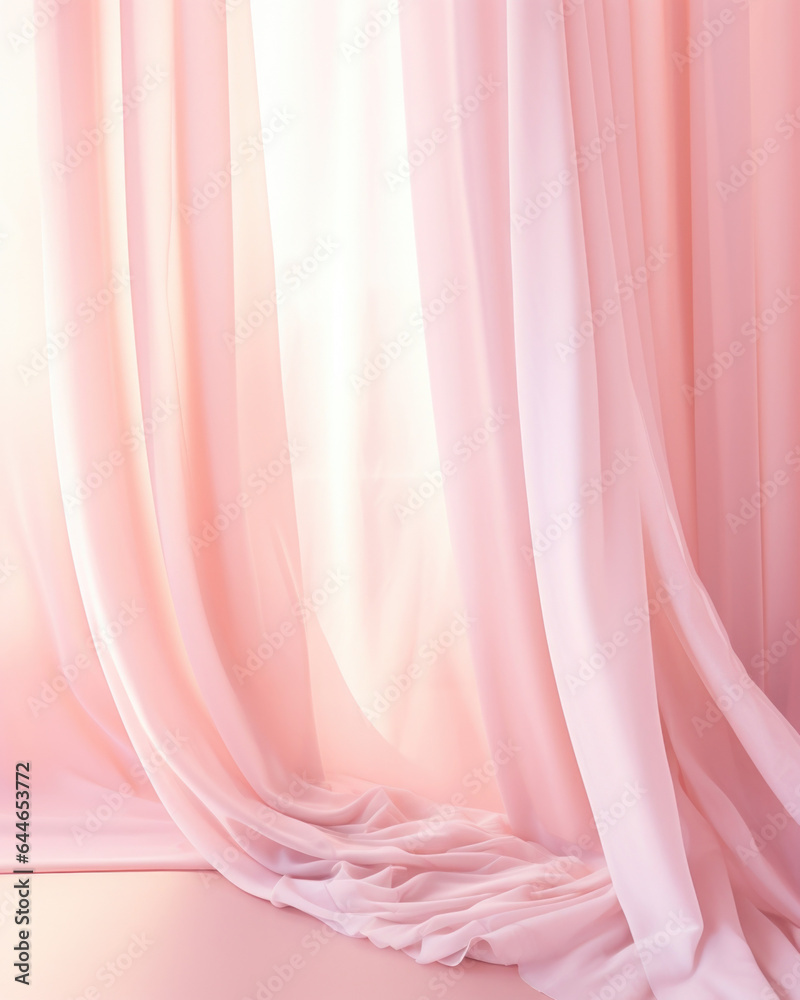 A whimsical and dreamy scene showcasing a pastel pink background with soft, curtains gently illuminated by the morning light. The delicate shadows evoke a sense of wonder, making it perfect