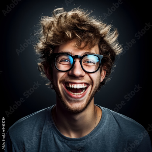 Front face portrait image of a happy guy smiling with glasses on a dark background background.