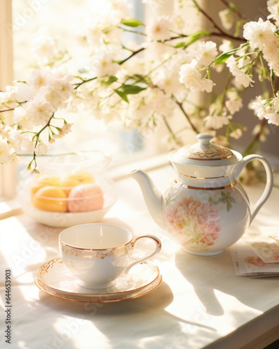 A magical springtime scene showcases a blooming garden in full glory. Sunlight bathes the room in a soft glow, bringing out the delicate shades of pastelhued flowers, while shadow patterns