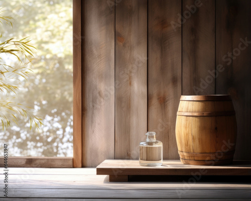 A rustic and natural setting with a wooden water barrel as the backdrop. Soft light from the window highlights the intricate grain of the wood and casts delicate shadows on the water surface.