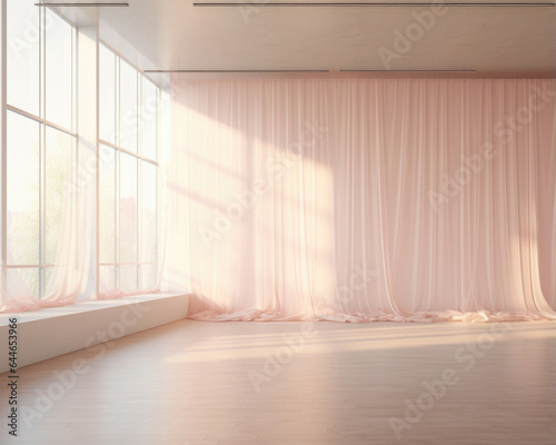 An enchanting scene of a dance studio bathed in soft, pale pink light, reminiscent of a dreamy winter morning. The delicate shadows of flowing curtains and ballet bars add an ethereal photo