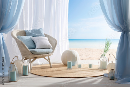  This scene presents a serene light background with a touch of coastal aesthetics. The sunlight dances through blue curtains  casting delicate shadows on a sandy beach