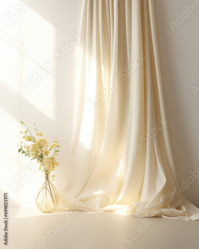 An elegant  minimalist background with a white wall bathed in soft  golden light from a window covered in   flowing curtains. The simplicity of this scene emphasizes the product  making