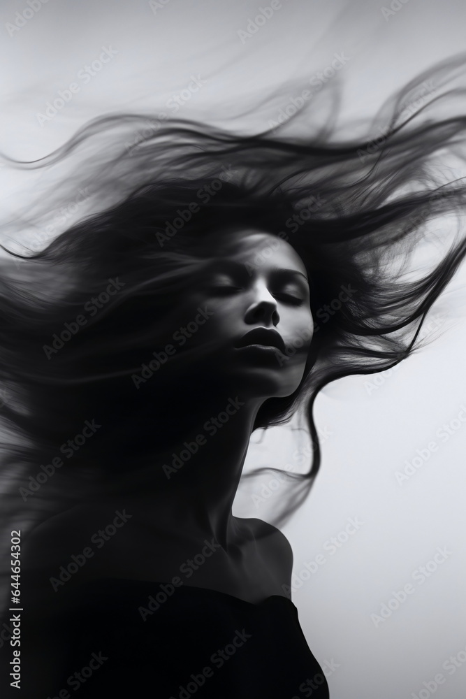 Black and White Portrait of a Woman with Flowing Hair AI Generated Black and White Portrait of a Woman with Flowing Hair AI Generated