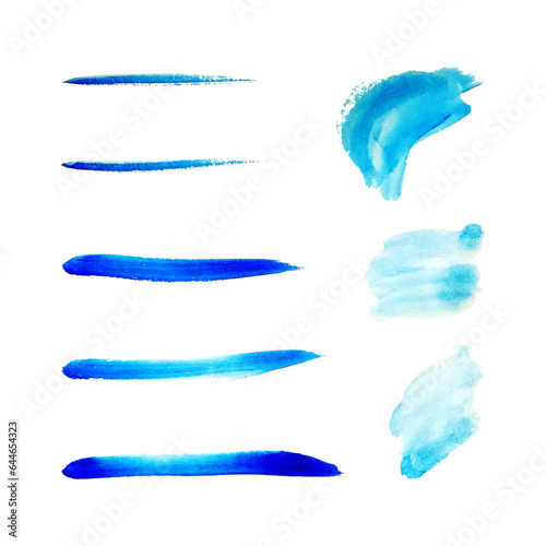 Set of abstract blue watercolor lines and spots on a white background. Stain from a paint brush. Vector watercolor splash.(Несколько значений)