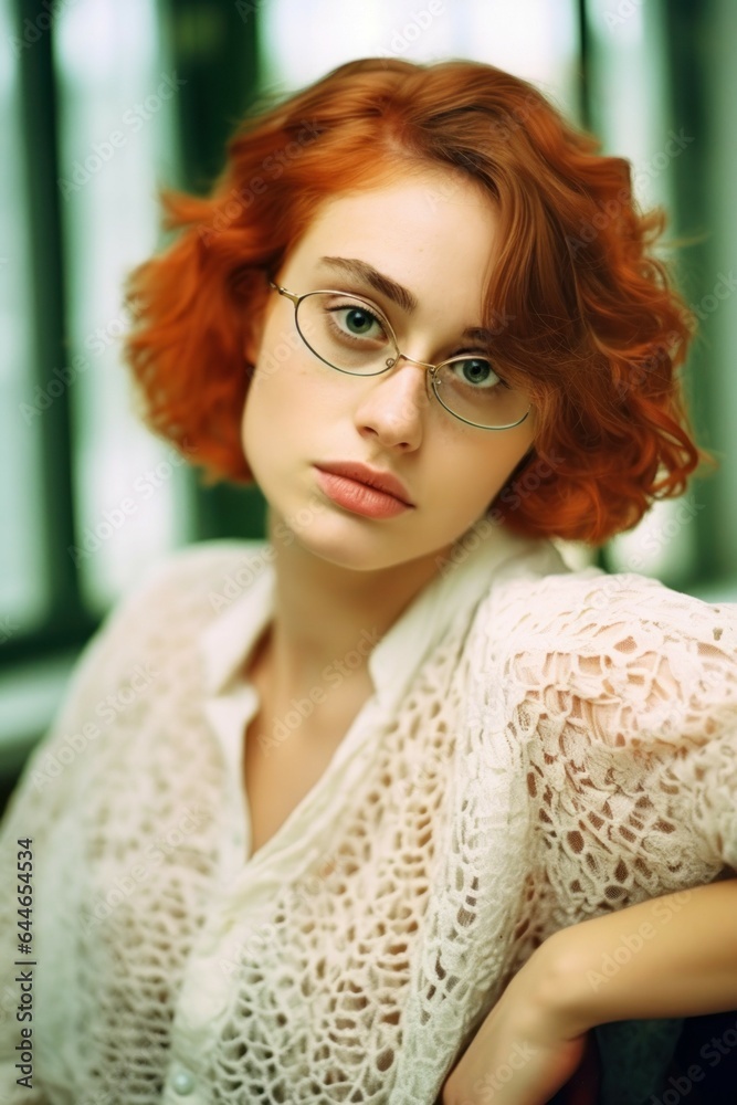 Fototapeta premium Young Fictional Cute Ginger Woman Wearing Glasses. Realistic Digital Painting Portrait. Generative AI Illustration.