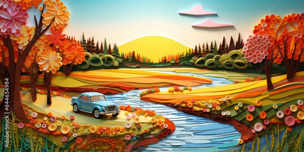 Paper quilling illustration of a car in the countryside
