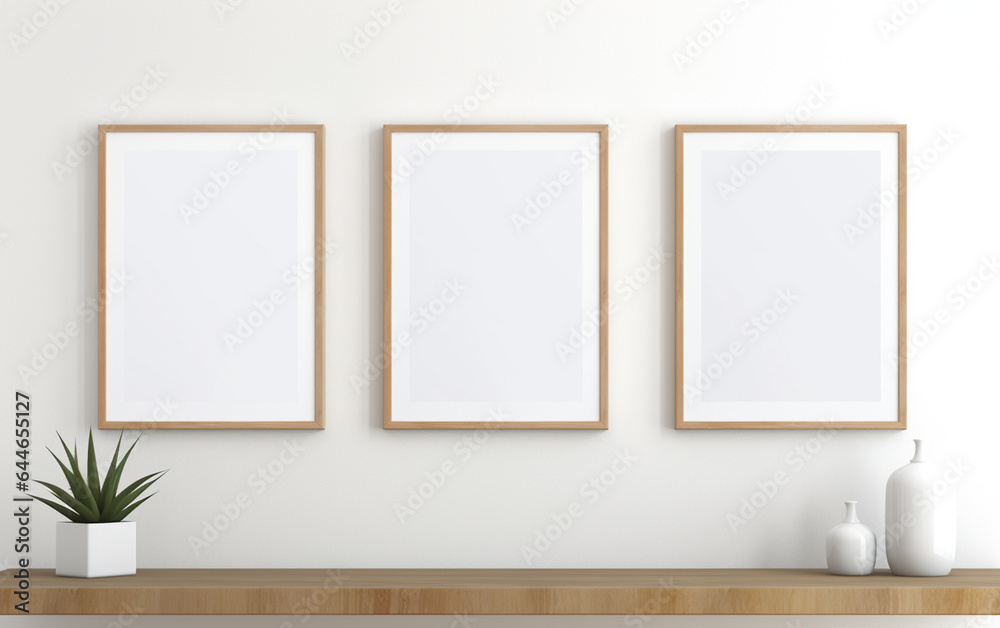 three wooden frame on white wall, frame mockup, 3d render three wooden frame on white wall, frame mockup, 3d render