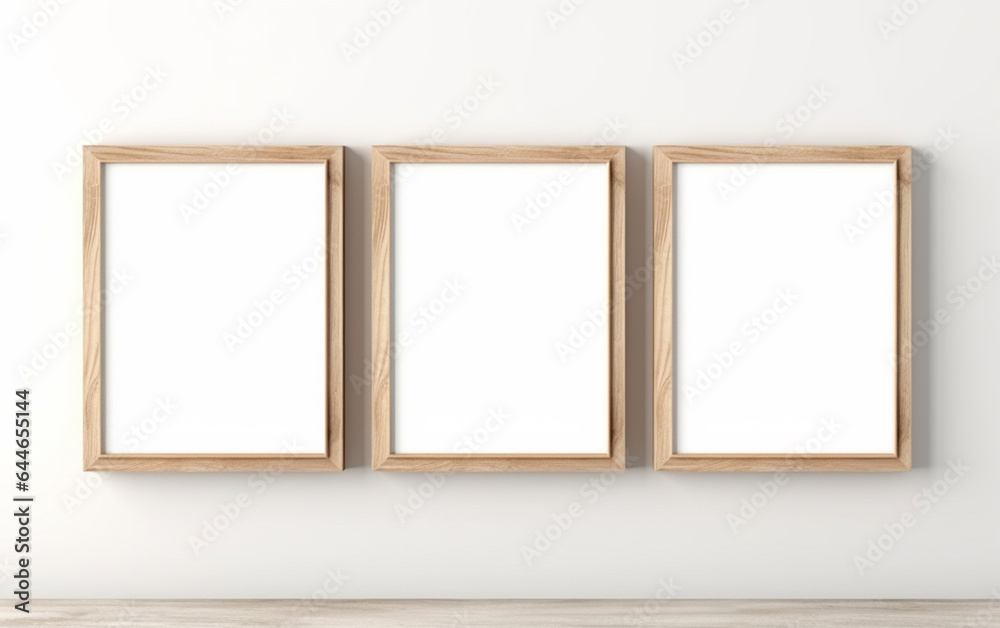 three wooden frame on white wall, frame mockup, 3d render three wooden frame on white wall, frame mockup, 3d render