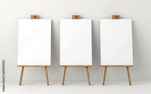 three wooden frame on white wall, frame mockup, 3d render