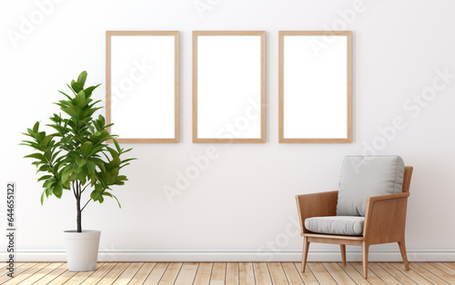 three wooden frame on white wall, frame mockup, 3d render © MUS_GRAPHIC