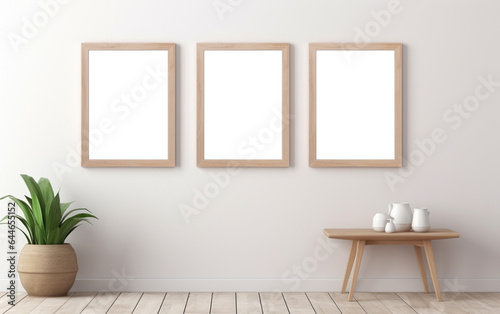 three wooden frame on white wall, frame mockup, 3d render