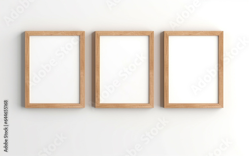 three wooden frame on white wall, frame mockup, 3d render