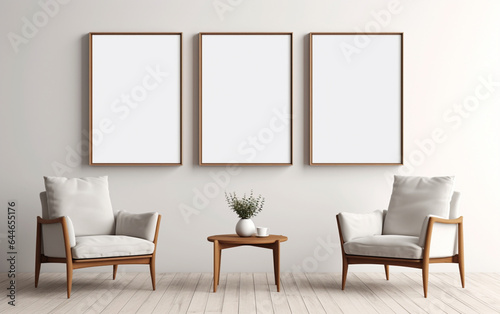 three wooden frame on white wall, frame mockup, 3d render