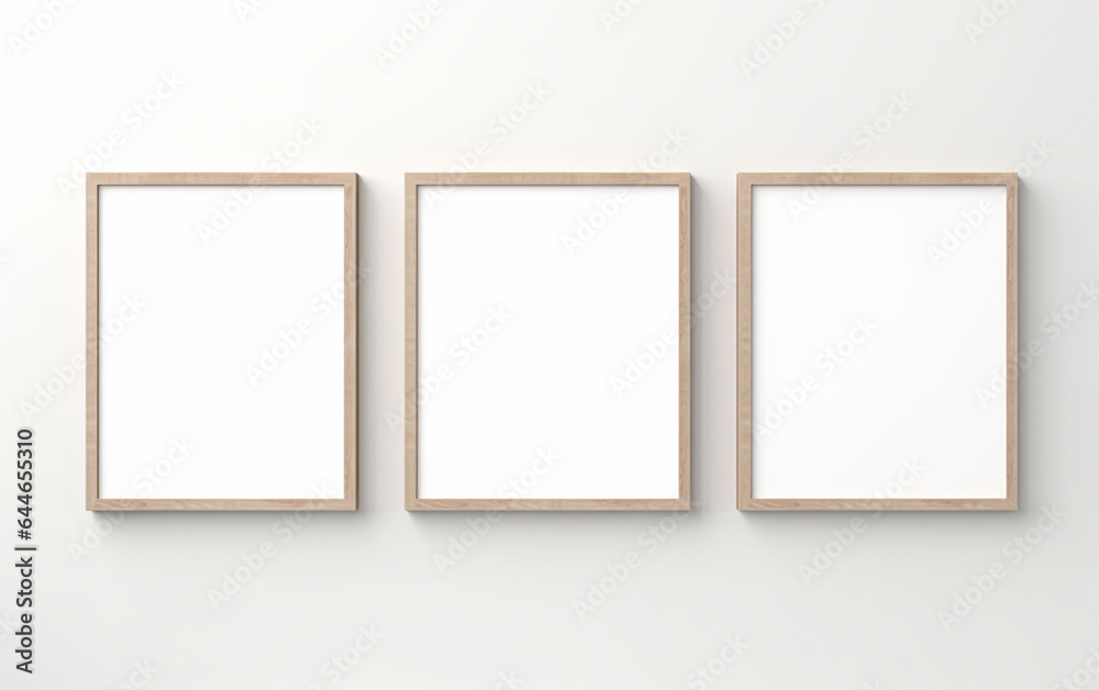 three wooden frame on white wall, frame mockup, 3d render