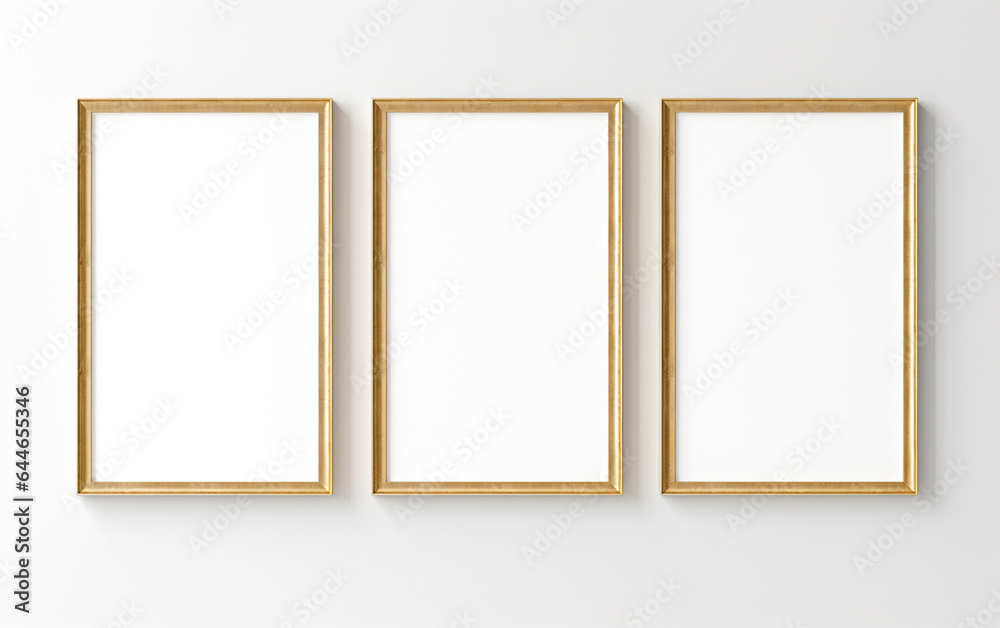 three wooden frame on white wall, frame mockup, 3d render three wooden frame on white wall, frame mockup, 3d render